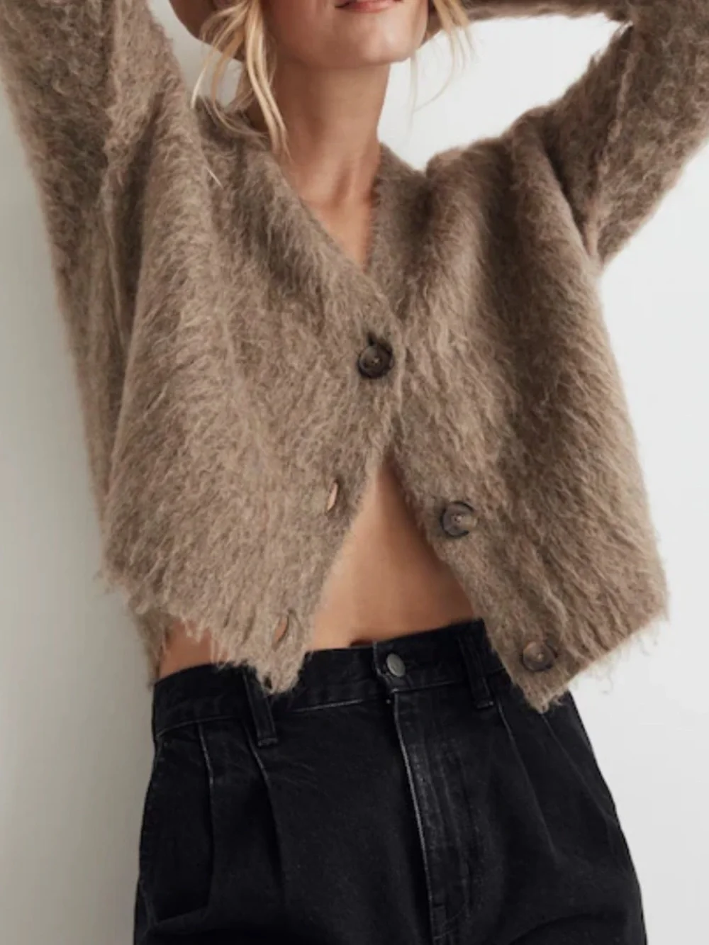 Madewell Brushed V-Neck Cardigan Sweater, Heather Mesquite, Size L